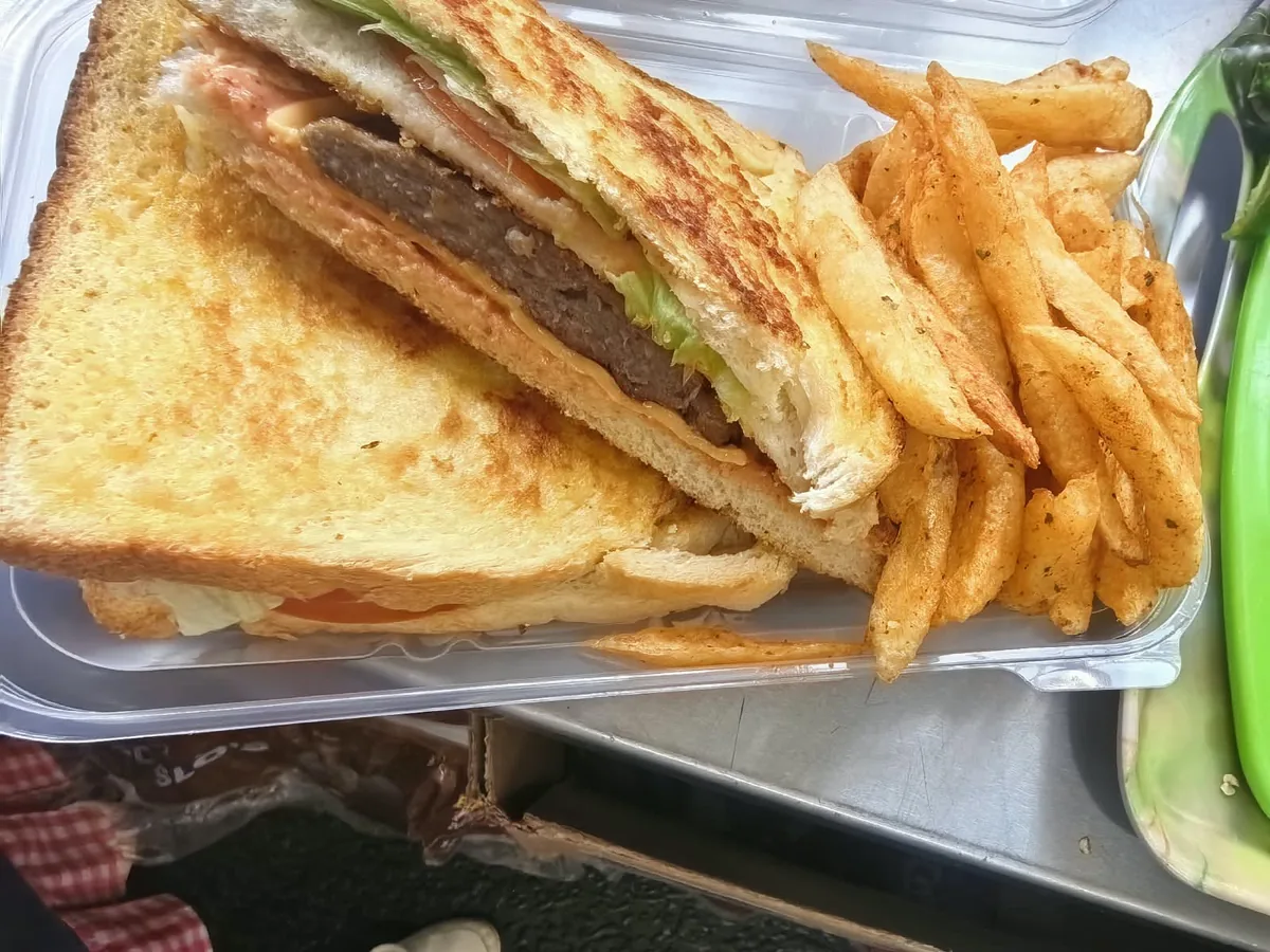 A toasted burger sandwich served with seasoned chips in a takeaway container